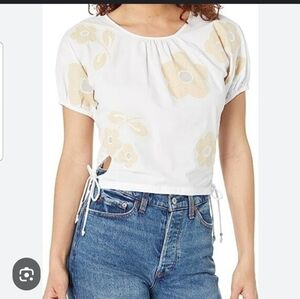 MADEWELL WHITE EMBROIDERED POPLIN PUFF SLEEVE CUTOUT CROP TOP SHIRT L  NL011